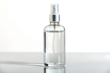 Naklejka premium Clear Liquid Spray Bottle with Silver Cap on Reflective Surface container