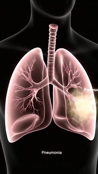 Semi-Transparent Human Lungs Anatomy CGI Animation with Pneumonia Lesion Visible in Dark Medical Environment for Educational Healthcare Presentations