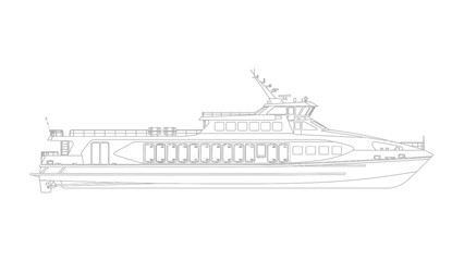 High-Speed Ferry Outline: A sleek outline of a high-speed ferry, perfect for showcasing maritime travel and transportation themes. © hafs121