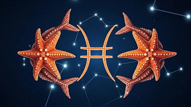 Pisces zodiac sign with two starfish and constellations, representing astrological symbol in a mystical starry night sky.