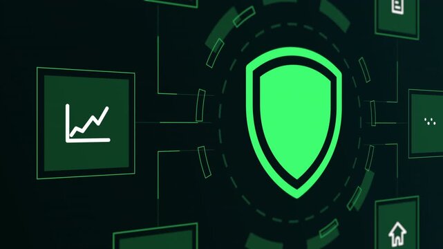 Digital dashboard featuring a glowing green security shield icon and a financial graph module for professional data protection.