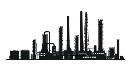 A striking black cityscape depicts an industrial complex with numerous towers and structures silhouette high quality professional detailed © MIRAJ02