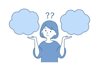 Confused Woman Thinking with Question Marks and Speech Bubbles Flat Vector Illustration