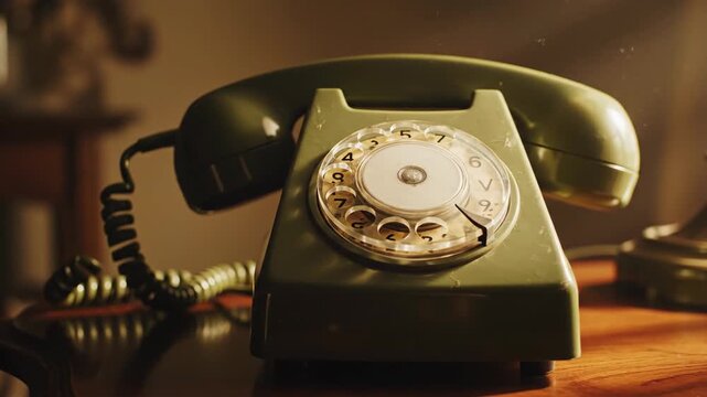 Vintage Rotary Telephone on Wooden Desk in Warm Lighting.