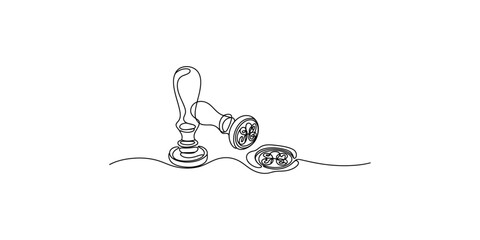 A line art illustration of two wax sealing stamps, one upright and one lying down next to a completed wax seal © SR