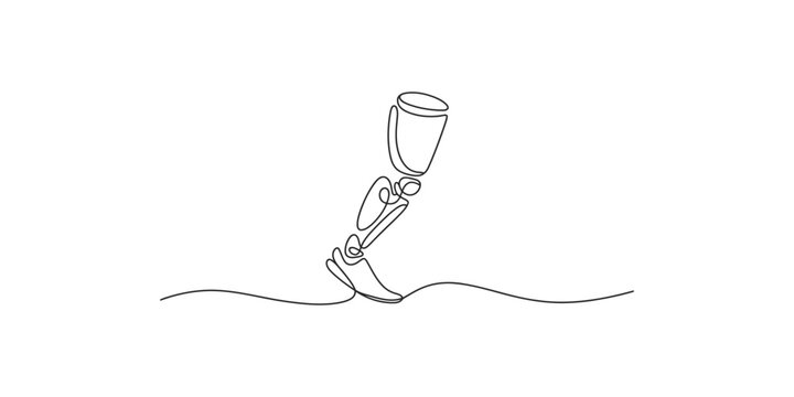 A continuous line drawing illustrating a prosthetic leg in motion, taking a step forward