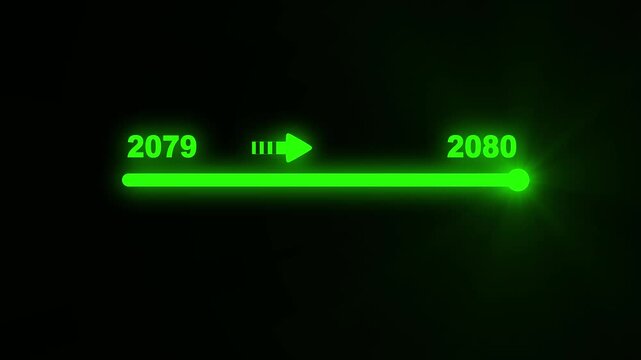 Digital slider with a bright green neon glow, illustrating the progression from year 2079 to 2080 on a dark background, symbolizing future time and technological progress
