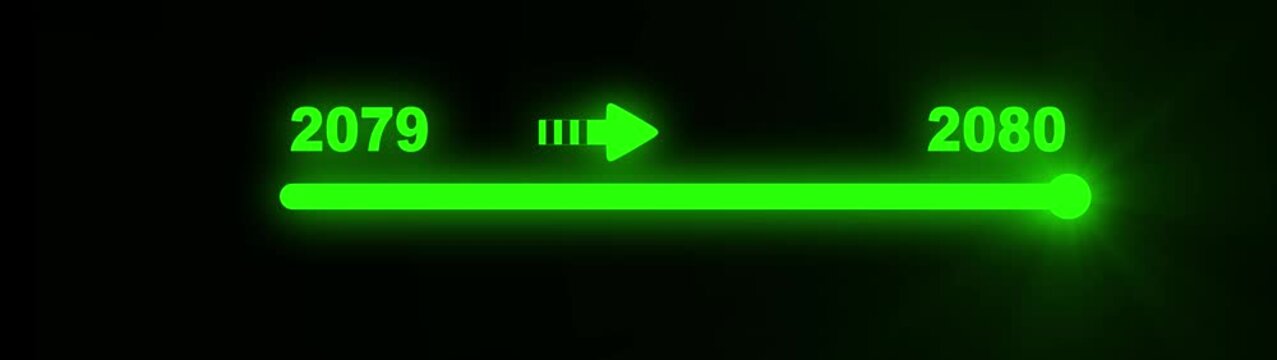 Digital progress indicator the year 2079 advancing to 2080 using a vibrant green glowing slider and arrow on a black backdrop