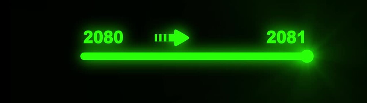 Bright neon green digital slider bar with numbers 2080 and 2081 indicating a forward temporal shift on a dark, minimalist background