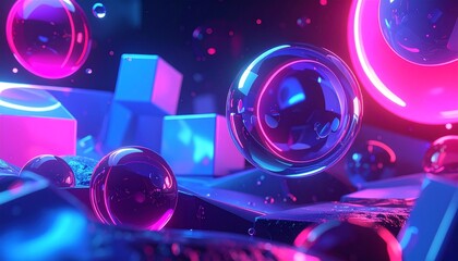 Neon abstract spheres and cubes in futuristic scene