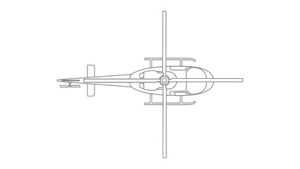 Aerial View of a Helicopter: A detailed line drawing offers a top-down perspective of a sleek helicopter, revealing its intricate design and components. © Mohiuddin123