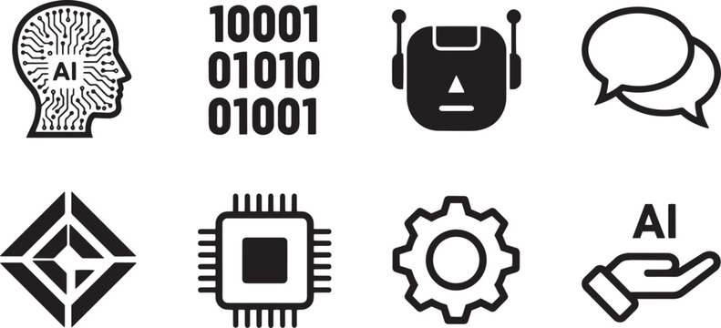 A set of vector line art illustrations featuring artificial intelligence and robotics in a bundle