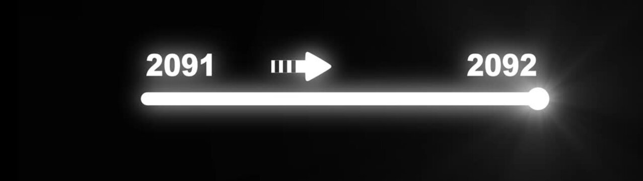 White glowing progress bar from 2091 to 2092 on a black background with a directional arrow and slider representing future transition and technological advancement