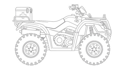 Quad Bike Adventure: A detailed line drawing of an all-terrain vehicle, designed for rugged exploration and outdoor adventure, with essential storage for tools and equipment. © Abdul