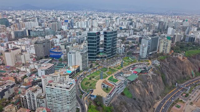 Aerial view of Larcomar Shopping Center, seaside in Miraflores, Lima, Peru