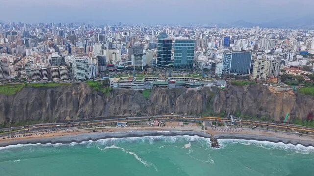Panning view of Larcomar and coast in Miraflores, Lima, vibrant atmosphere