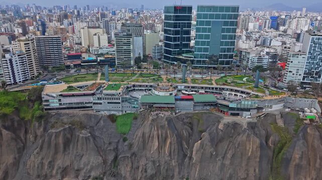 A coastal view of Larcomar Shopping Center in Lima, Peru, towering above cliffs