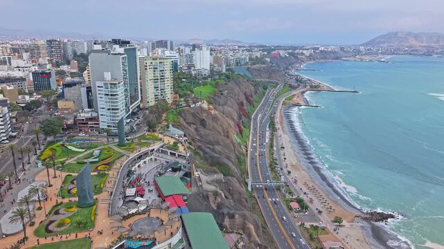 Aerial view of Larcomar mall by Lima's coast in Miraflores, Peru