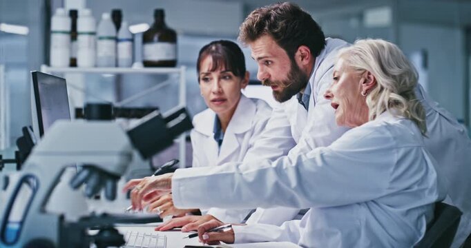 People, scientist and computer for meeting at lab, talk or point for review with medical research. Man, women and group for feedback, checklist or pc with pharmaceutical study for vaccine development