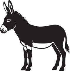 Fototapeta premium Silhouette of a black donkey standing profile view, with a white background, this common domestic animal is often used for work and transportation
