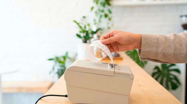 Hand taking a printed receipt from a thermal printer. Retail transaction and payment concept