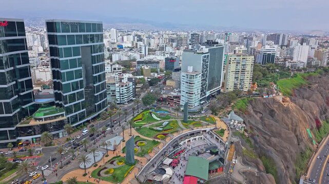 Aerial view of Larcomar Gardens, Lima's coastal shopping hub and skyline