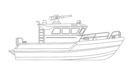 Navy Boat's Detailed Silhouette: A detailed outline of a military vessel, showcasing its intricate design. The image emphasizes the vessel's components, including its deck, control station. © hafs121