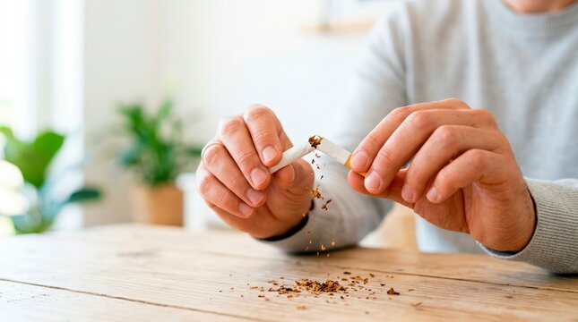 Man breaking a cigarette in half with his hands. Quitting smoking and addiction recovery concept