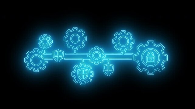 Neon-lit blue gear icons interconnected by lines on a dark background with a futuristic ambiance.