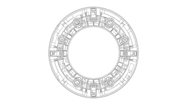 Architectural Precision: A meticulously detailed architectural blueprint of a circular structure, showcasing intricate design elements and precise engineering.