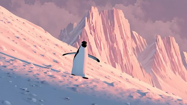 A charming animated penguin waddles across a snowy landscape. Soft pastel colors illuminate the arctic scene