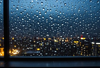 Raindrops on a window pane with blurred city lights at night