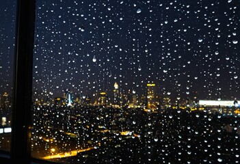 Raindrops on a window pane with blurred city lights at night