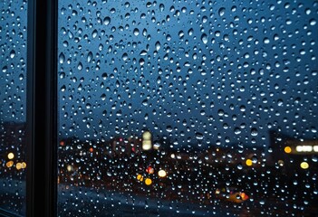 Raindrops on a window pane with blurred city lights at night