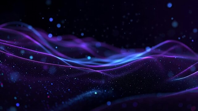 purple glowing waveform with luminous particle dots forming a dynamic audio signal line, blue symbolizing sound energy, frequency modulation, digital music, violet seamless sonic technology loop