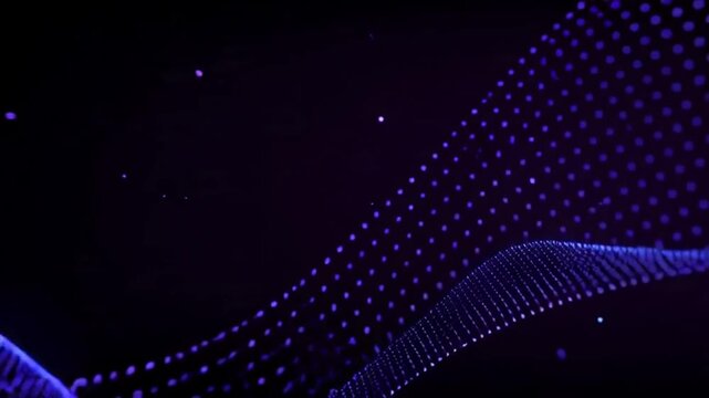 purple glowing waveform with luminous particle dots forming a dynamic audio signal line, blue symbolizing sound energy, frequency modulation, digital music, violet seamless sonic technology loop