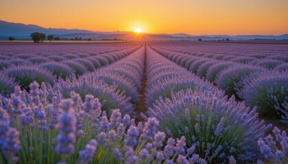 Obraz premium Lavender field at sunset with purple flowers stretching to distant hills