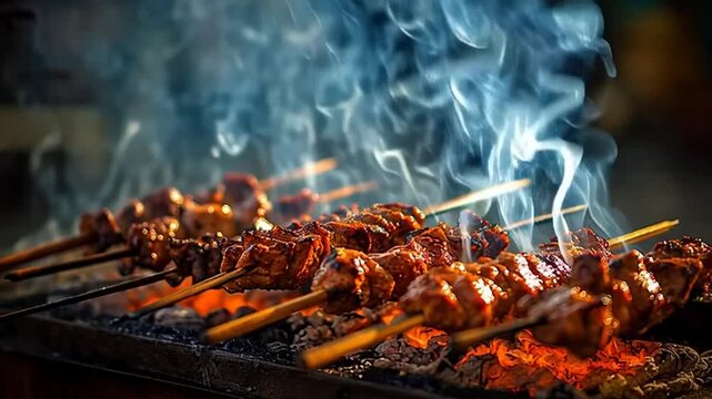 Skewers of marinated meat grilling over hot coals, with smoke rising, a popular street food. Rows of marinated meat skewers, known as satay, are being cooked over a long charcoal barbecue.