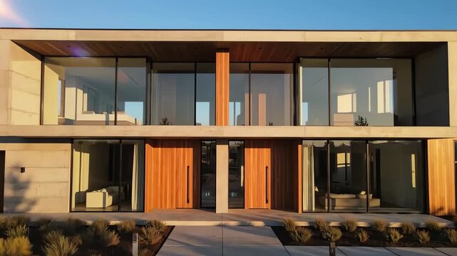 a facade architecture of a familiar duplex house. The fachada should have a minimalist style, inspiring the architecture. 4k resolution video 30fps.