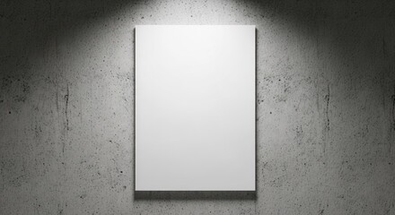 Blank white canvas mounted on textured concrete wall, dramatically lit by a spotlight creating stark shadows and highlights, minimalist gallery aesthetic