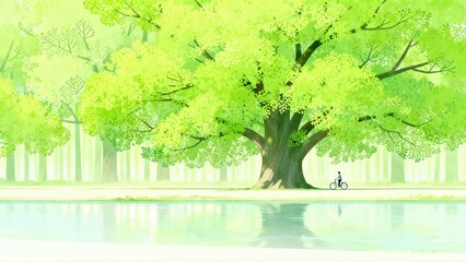 Obraz premium A serene forest scene with a large tree by a calm lake and a cyclist in the distance