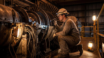 Naklejka premium An industrial worker meticulously inspects a massive machine in a dimly lit, high-tech industrial setting, highlighting the dedication and precision of the profession.