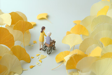 黄葉の銀杏に包まれた車椅子と介護士の優しい世界