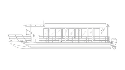 Pontoon boat Illustration: A detailed line drawing of a pontoon boat, showcasing its distinct features and design elements. Ideal for projects related to recreation, water travel, or nautical themes. © hafs121