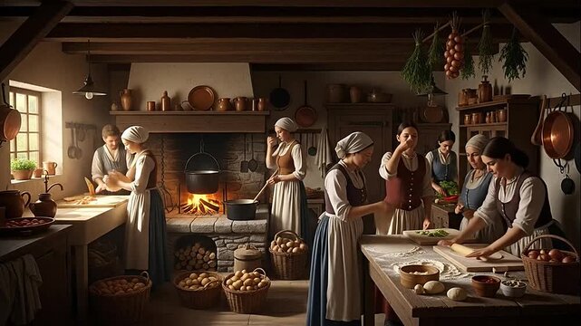 Traditional medieval bakery with people preparing bread and pastries.