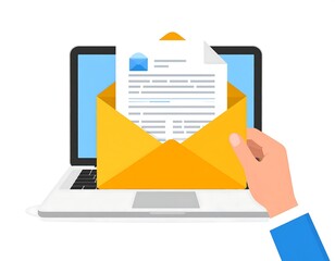 A hand pulls a letter from an envelope, laptop displays a bright, simplified background