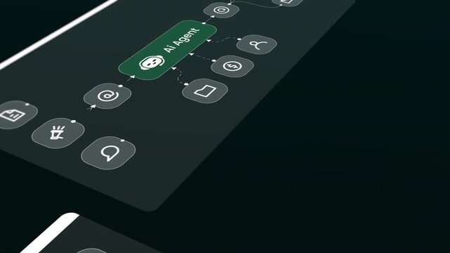 Digital graphic representing an AI agent process flow with automated task triggers and organizational icons.