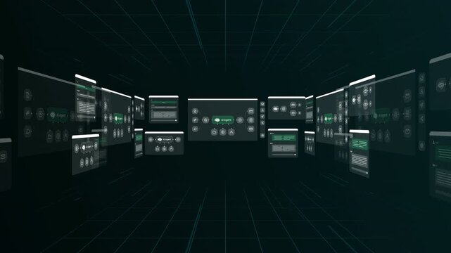 Wide perspective of a digital interface grid displaying multiple AI agent workflow nodes and automated task management systems.