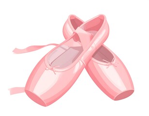 A pair of pink pointe shoes, crossed over each other with ribbons, against a plain white background
