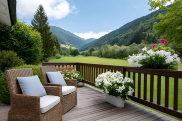Fototapeta premium Terrace with chairs overlooking green mountain valley